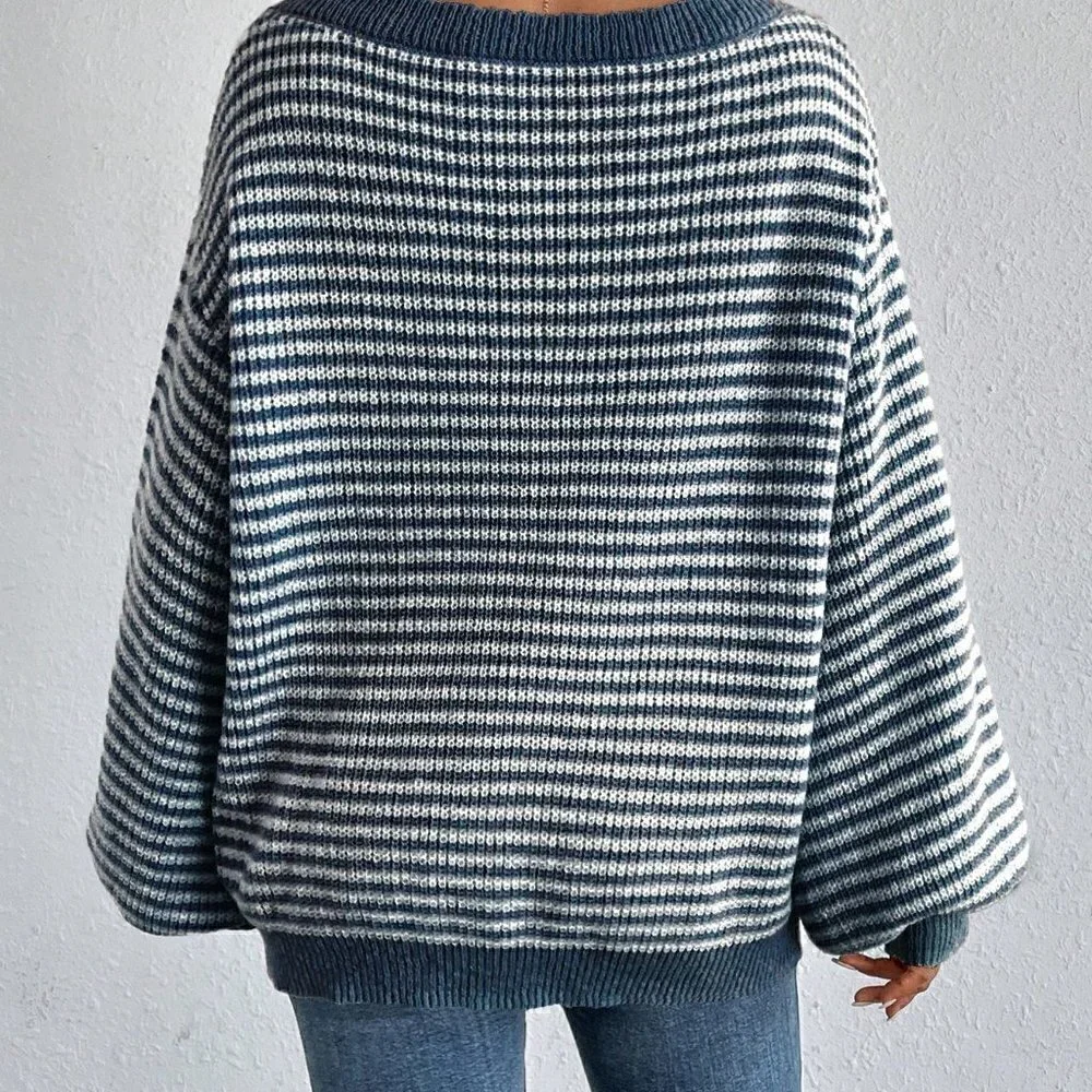 Blue Casual Womens Striped Pattern Drop Shoulder Sweater